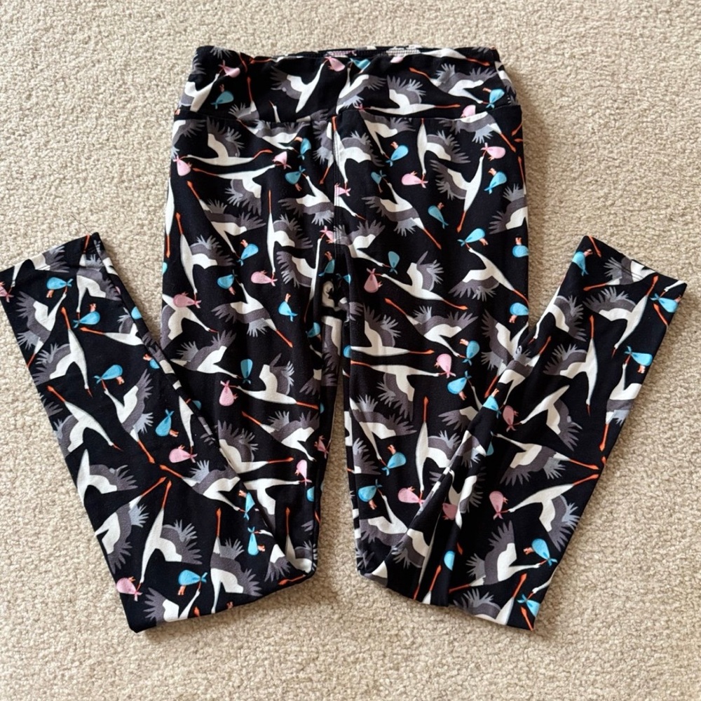 LuLaRoe Black Leggings with Multicolor stork Pattern